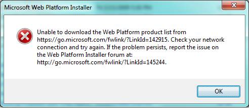 Capture d’écran de la boîte de dialogue Microsoft Web Platform Installer affichant un message d’erreur.