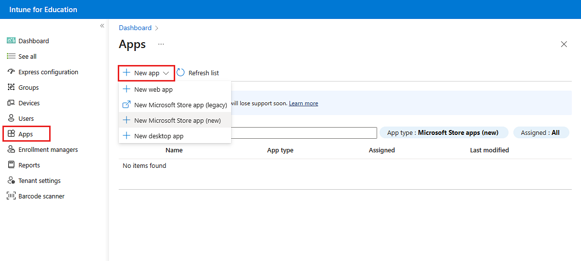 Exemple d’image de l’interface utilisateur Intune pour l’Éducation, mettant en surbrillance les étiquettes « Applications » et « Nouvelle application » pour montrer comment accéder à la nouvelle expérience du Microsoft Store.