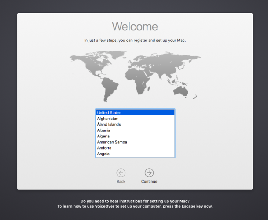 Capture d’écran de l’écran d’accueil de l’Assistant Installation de l’appareil macOS, montrant une liste de langues à sélectionner.