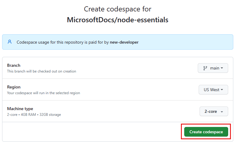Capture d’écran de l’écran de confirmation avant de créer un nouveau codespace.