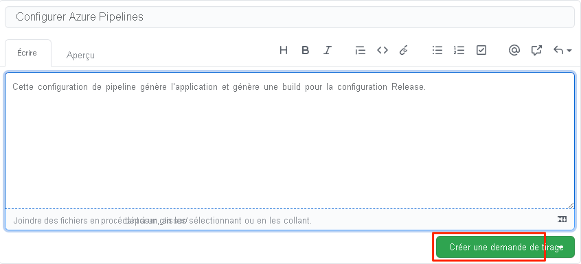 Screenshot of GitHub showing the pull request description and the location of the Create pull request button.