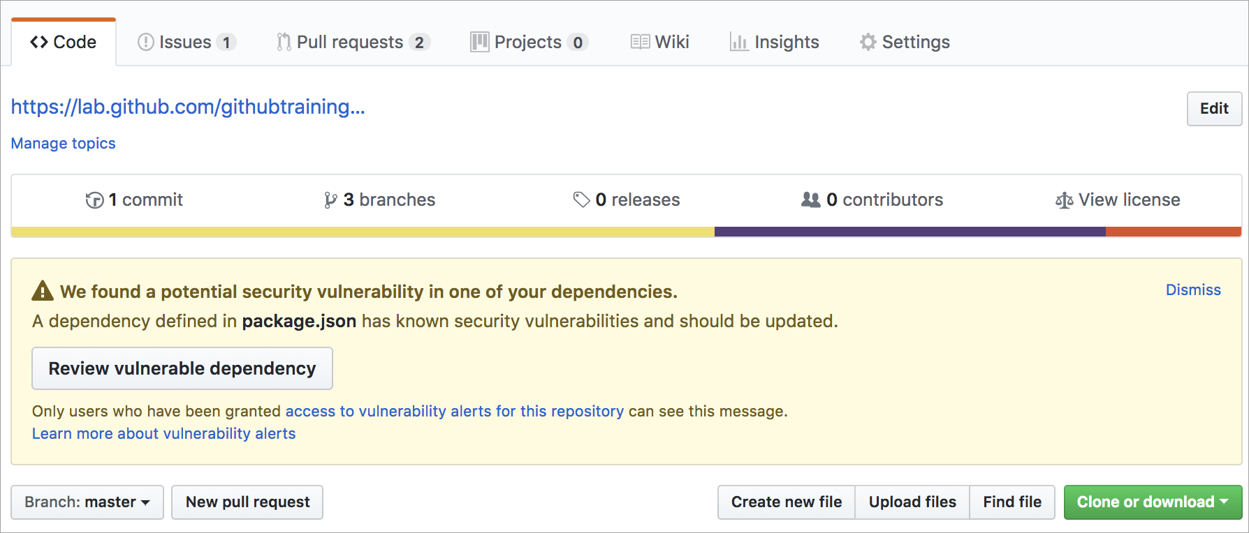 A GitHub alert for a vulnerable dependency