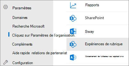 Capture d’écran du centre d’administration Microsoft 365. La page des paramètres de l’organisation est ouverte avec l’onglet Expériences de rubrique sélectionné.