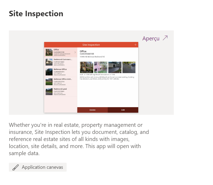 Capture d’écran du modèle d’application Inspection de site.