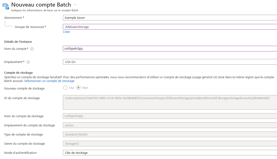 Screenshot that shows the new batch account form.