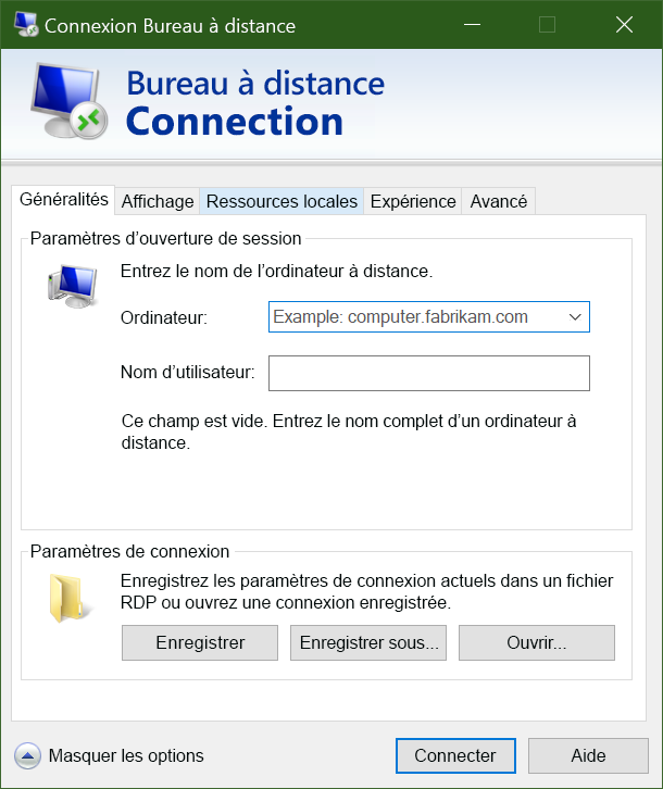 Capture d’écran de l’interface utilisateur du client prenant en charge le protocole RDP.