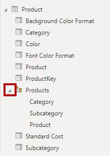 Capture d’écran du volet Champs avec le dossier Products développé pour montrer les champs Category, Subcategory et Product.