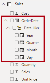 Capture d’écran du volet Champs dans Power BI Desktop, avec OrderDate développé pour afficher une hiérarchie de dates.
