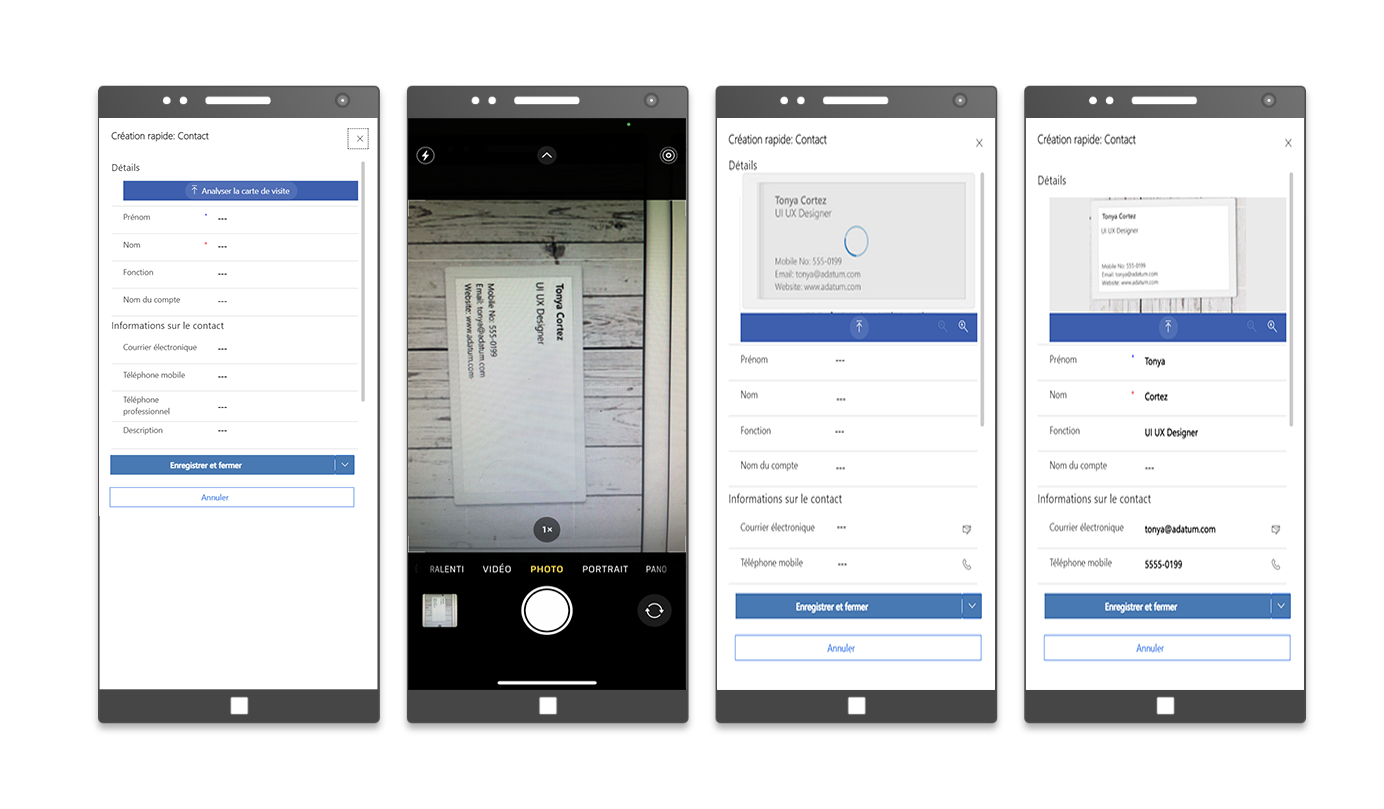 Captures d’écran mobile de la numérisation de cartes de visite avec le formulaire Création rapide : Contact.