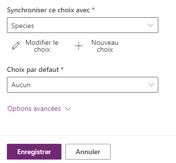 Capture d’écran de la liste Synchroniser ce choix avec déroulée et de l’option Species sélectionnée.