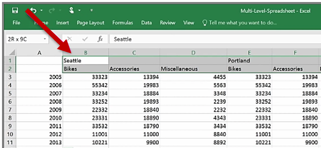 Capture d’écran d’une feuille de calcul Excel avec des en-têtes qui s’étendent sur plusieurs colonnes.