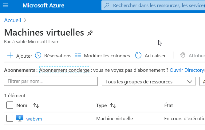 Screenshot of the Azure portal listing of virtual machines displaying webvm.
