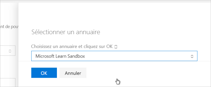Screenshot of the screen where you select a directory with Microsoft Learn Sandbox selected.