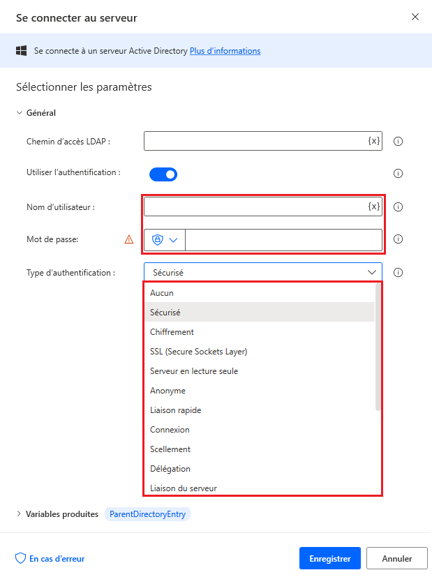 Capture d’écran des propriétés de l’action Se connecter au serveur avec l’option Utiliser l’authentification activée.