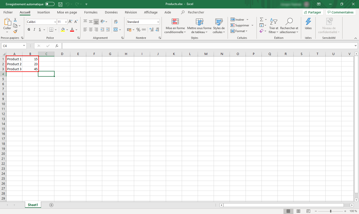 Capture d’écran d’un tableau Excel contenant des produits et des prix.