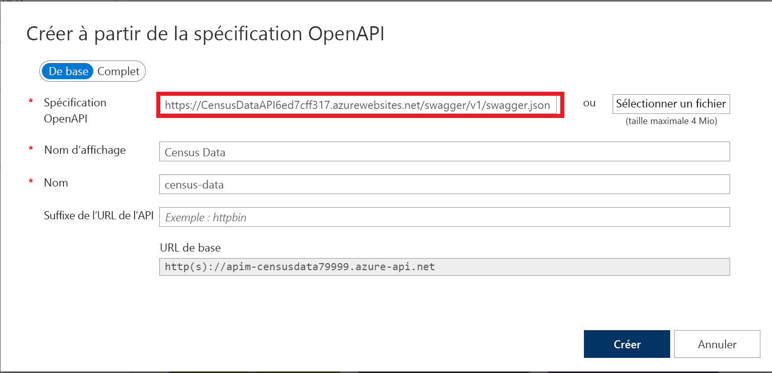 Screenshot of the Create from OpenAPI specification dialog box with the swagger JSON URL entered.