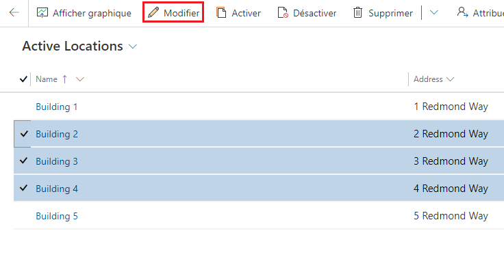 Capture d’écran de trois emplacements sélectionnés dans la liste déroulante Emplacements actifs, avec le bouton Modifier mis en évidence.