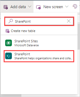 Capture d’écran du bouton Ajouter des données avec la valeur SharePoint saisie dans le champ de recherche et le résultat SharePoint mis en évidence.