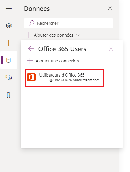 Capture d’écran de la fenêtre Ajouter des données avec l’option Utilisateurs d’Office 365 sélectionnée.