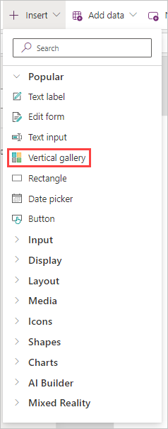 Vue du bouton Insérer cliqué et de l’option Vertical gallery mise en évidence.