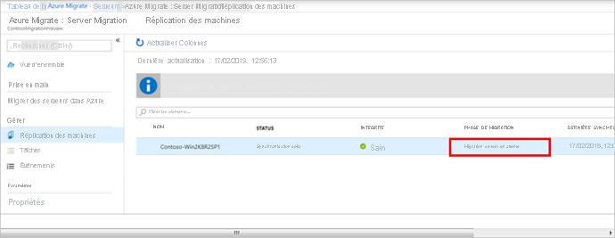 Screenshot of the Replicating machines blade. Under Manage, Replicating machines shows one VM in Delta sync with a Health status of Healthy and showing the Migration Phase as Test migration pending.