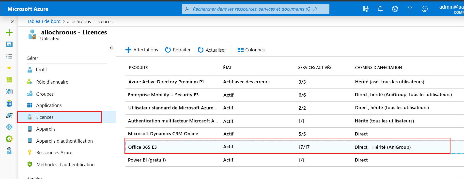 Screenshot of the Licenses page in Microsoft Entra ID. The Office 365 E3 license is highlighted. In the assignment paths column the license has direct assignments to some users, and that it has inherited users from a group named AniGroup). This is the expected user state during migration.