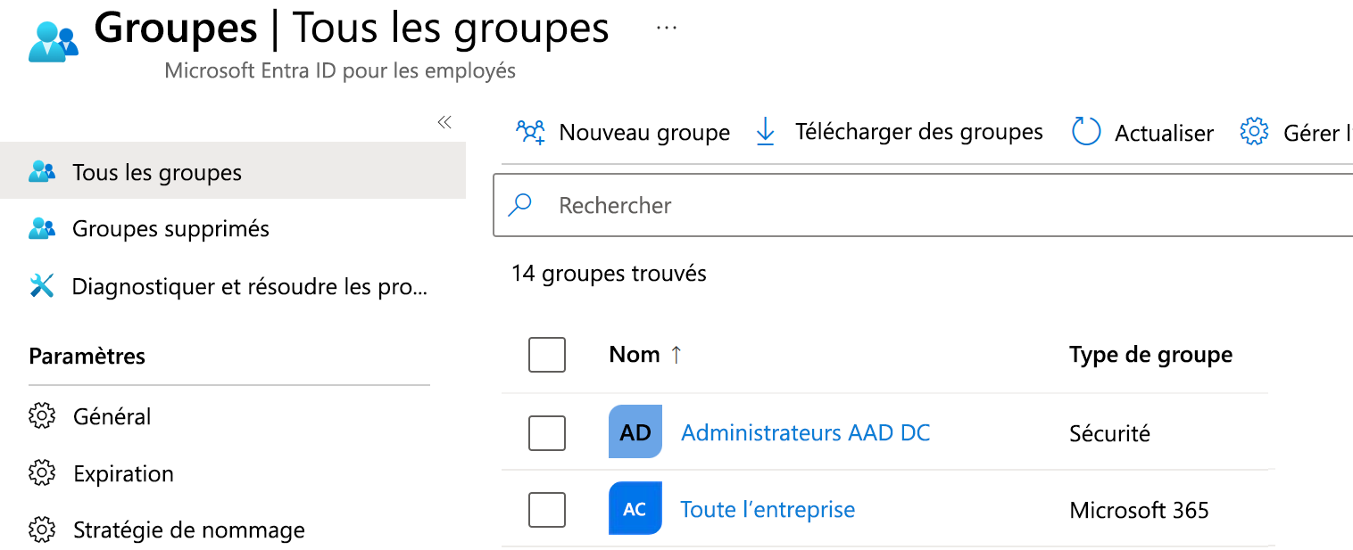 Screenshot of the Microsoft Entra ID view all groups page. It shows a list of several groups that already exist, along with attributes about group like Group Type and Membership Type.