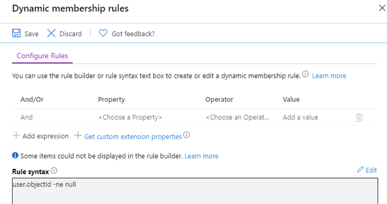 Screenshot of the Dynamic Group membership rule generator. In this dialog you can add rules to let you define exactly what users can be a part of the group. You could set up a rule that includes on members from a specific country.