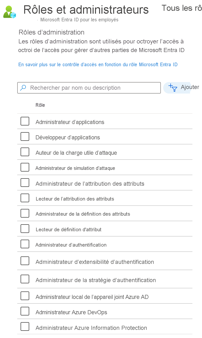 Screenshot of the Roles and administrators screen in Azure A D. List of roles that can be applied.