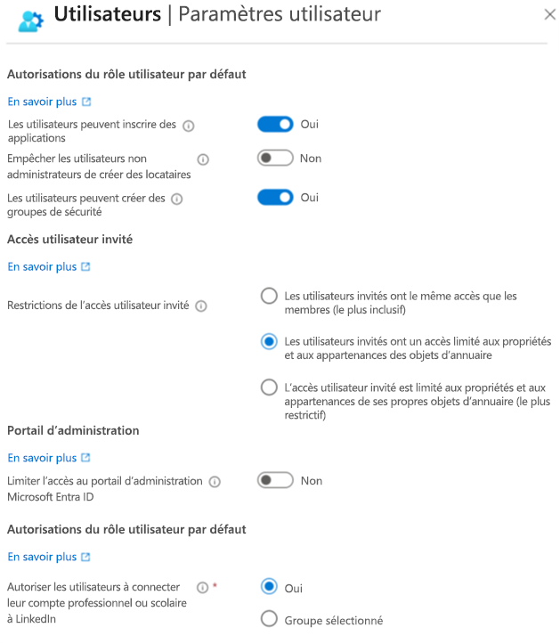 Screenshot of the User settings screen in Microsoft Entra ID. Use it to configure what users can do.