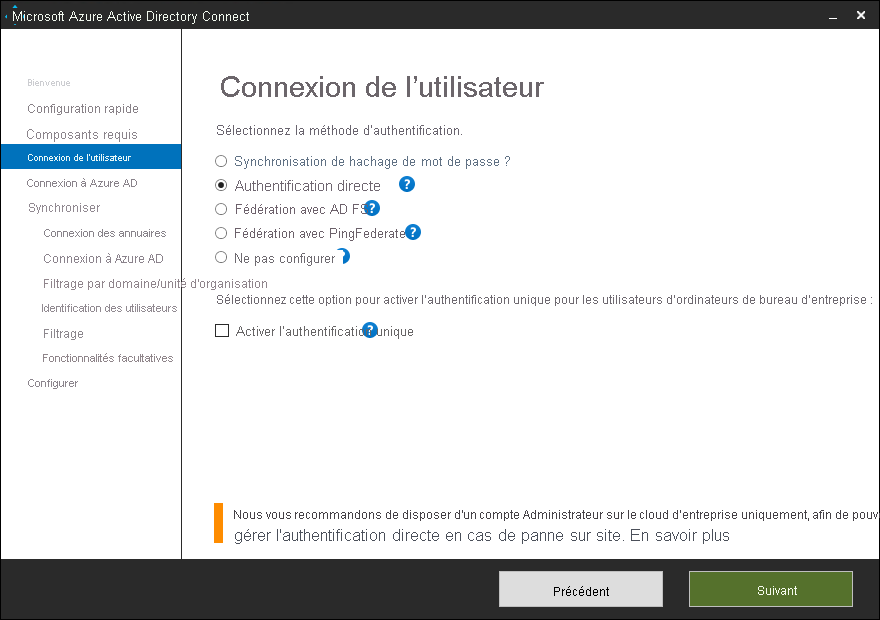 Screenshot of the Azure A D Connect user interface. The User sign-in option is selected and the user has choices of different types of sign-in options.