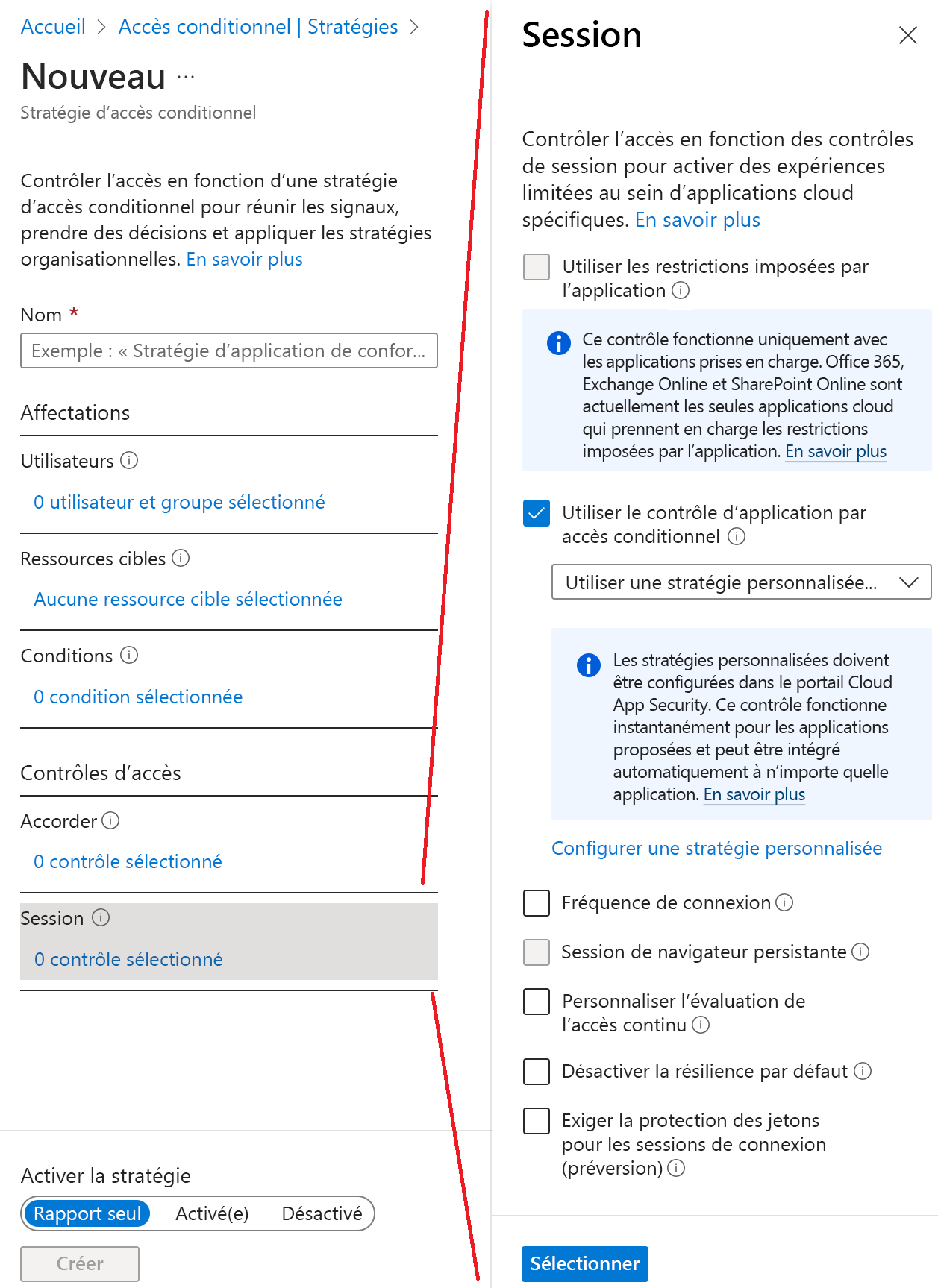 Capture d’écran de l’assistant de stratégie d’accès conditionnel Microsoft Entra avec l’option Utiliser le contrôle d'application par accès conditionnel surlignée.