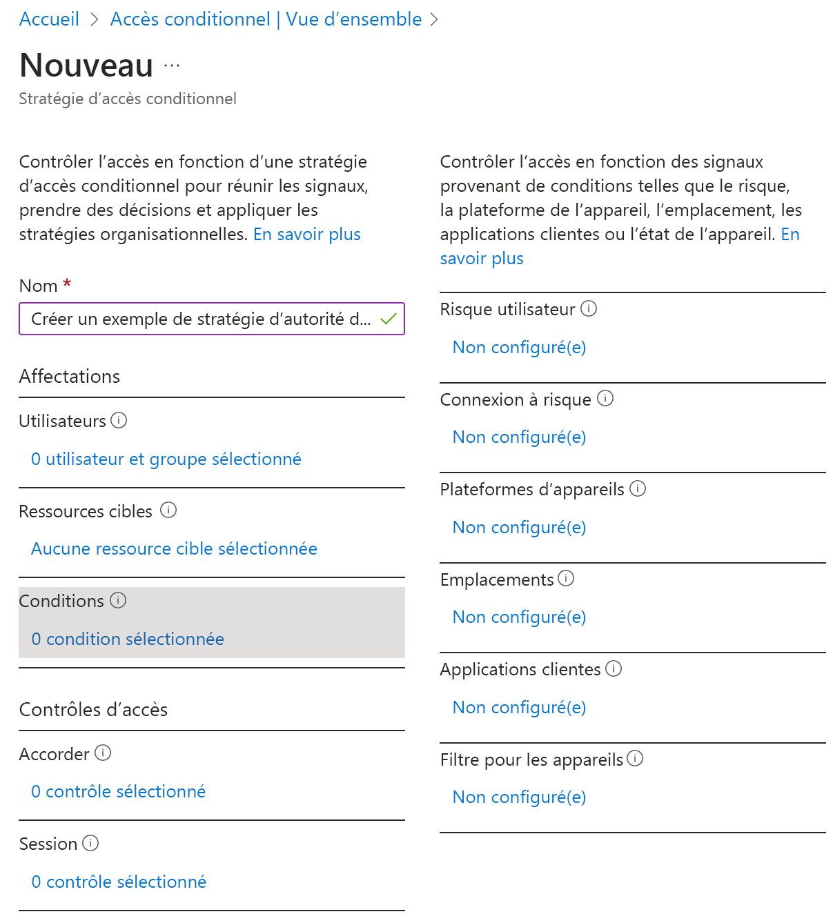 Screenshot of the conditional access dialog with the create policy screen open for configuration.