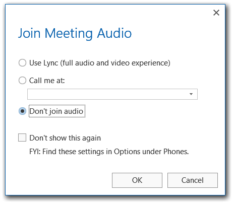 Lync ne participe pas à la fenêtre audio de réunion capture d’écran