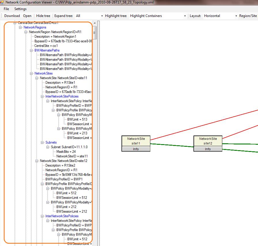 Affichage des données de configuration réseau dans une arborescence.
