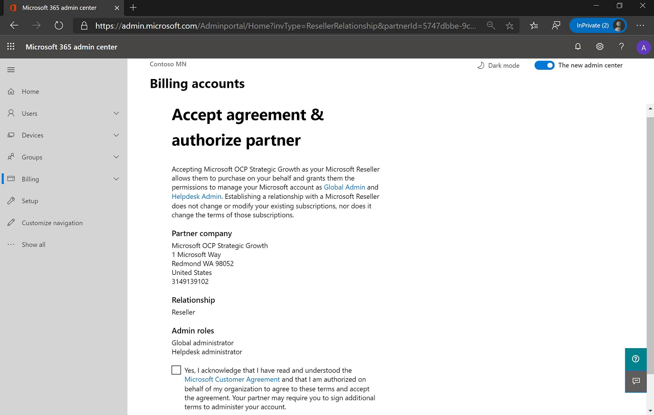 Capture d’écran de la page Accepter le contrat et autoriser le partenaire - droits d’administrateur délégués.