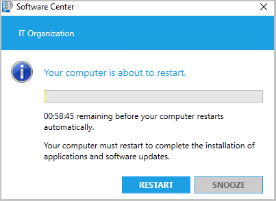 Capture d’écran du compte à rebours final du redémarrage du Centre logiciel.