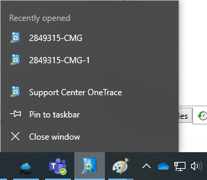 Liste de raccourcis OneTrace du Centre d’aide et de support à partir de la barre des tâches Windows avec la liste récemment ouverte.