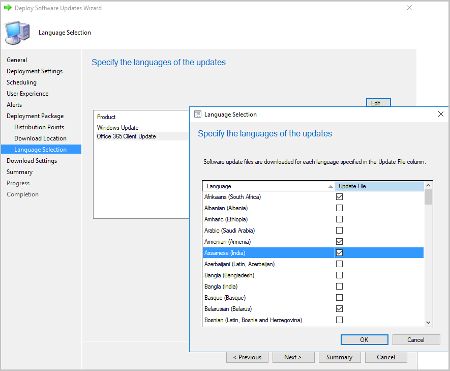 Capture d’écran de l’ajout de langues supplémentaires pour Microsoft 365 Apps