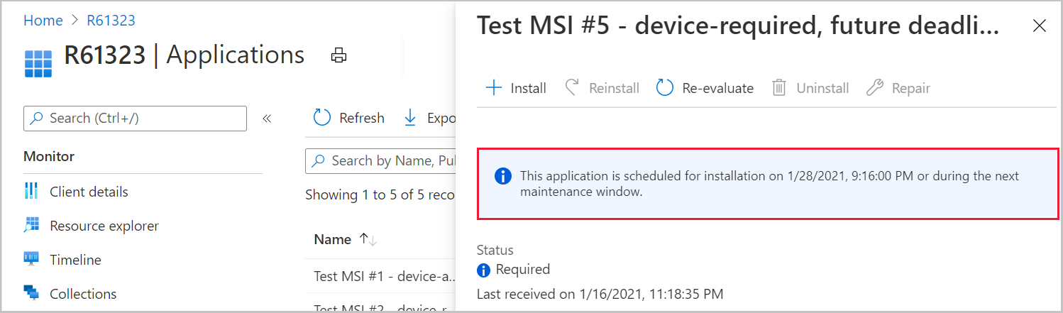 Capture d’écran montrant des détails sur les échéances requises pour les applications dans Microsoft Intune centre d’administration
