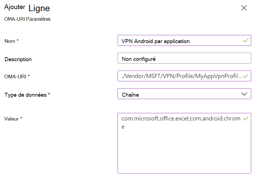 Capture d’écran montrant la stratégie personnalisée VPN par application de l’administrateur d’appareil Android dans Microsoft Intune.