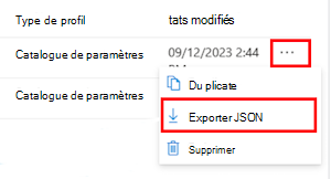 Capture d’écran montrant comment exporter une stratégie de catalogue de paramètres au format JSON dans Microsoft Intune et Intune centre d’administration.