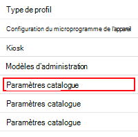 Capture d’écran montrant comment ouvrir le catalogue de paramètres dans Microsoft Intune et Intune centre d’administration.