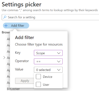 Capture d’écran montrant le filtre d’étendue de l’utilisateur et de l’appareil dans le catalogue de paramètres dans Microsoft Intune et Intune centre d’administration.