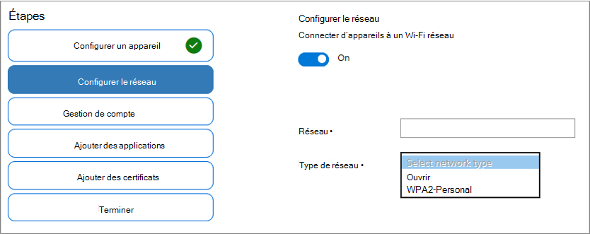 Capture d’écran de l’activation de Wi-Fi, y compris les options SSID réseau et Type de réseau dans l’application De configuration Windows Designer