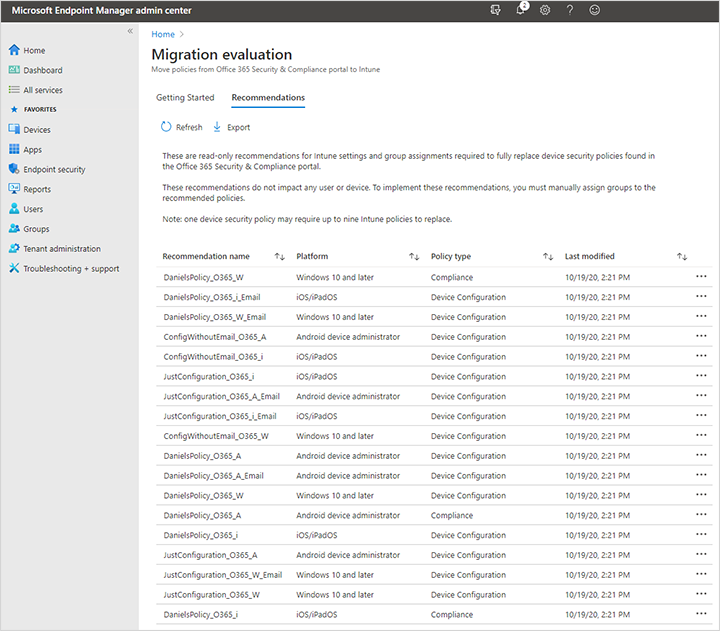 Capture d’écran de l’exemple d’évaluation de la migration dans le centre d’administration Microsoft Intune après la migration des stratégies mobilité et sécurité Microsoft 365 Basic vers Intune
