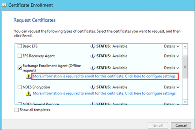 Capture d’écran de la page Demander un certificat, où l’agent d’inscription Exchange (demande hors connexion) est sélectionné.