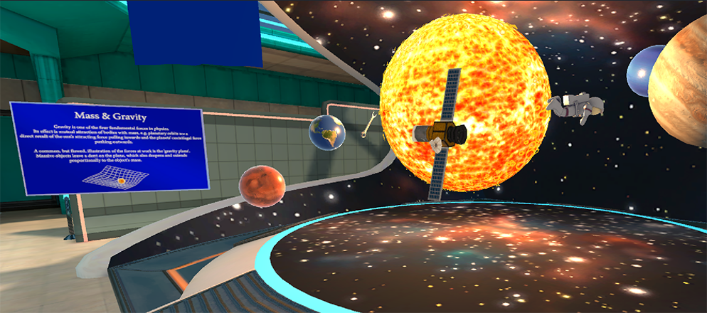 Capture d’écran de l’exposition de masse et de gravité dans l’exemple Mesh Science Building, avec des objets tournant autour du soleil.