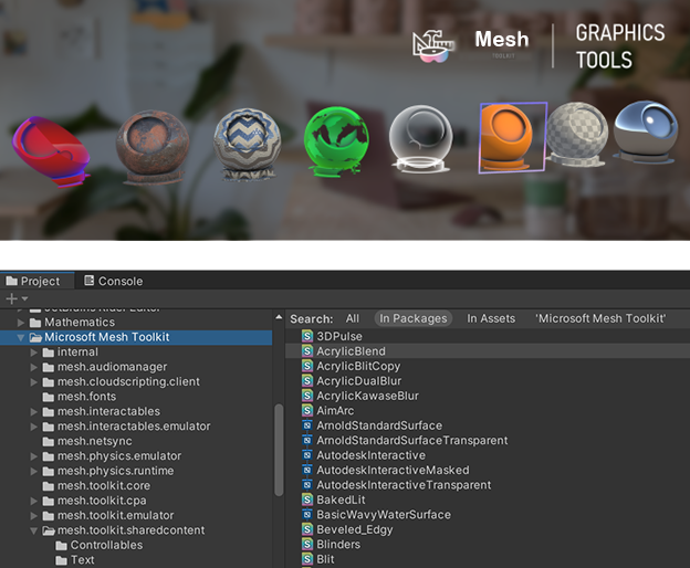 Capture d’écran des nuanceurs disponibles dans le kit de ressources Mesh.