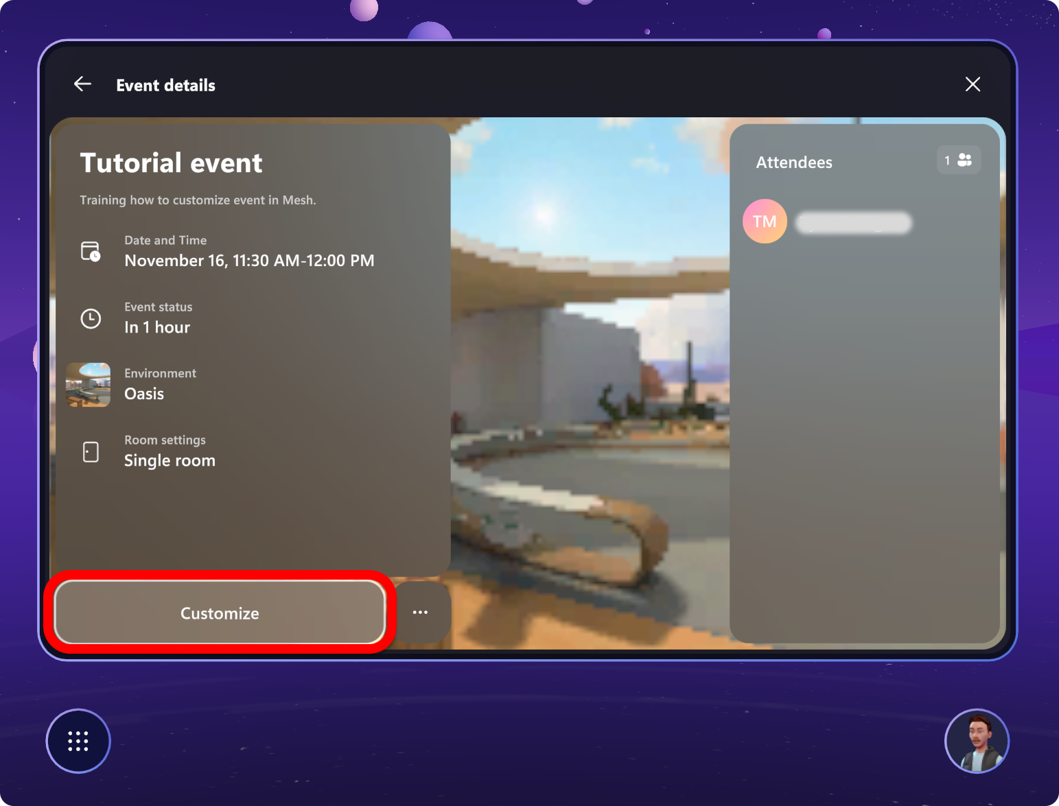 Capture d’écran de l’application Mesh montrant le bouton Personnaliser pour un événement mis en surbrillance.